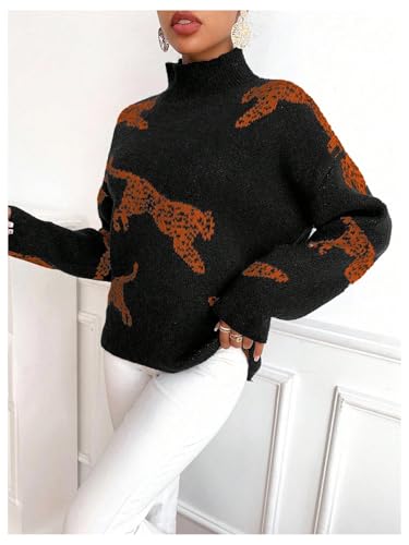 Image of WDIRARA Women's Leopard Tiger Print Sweater High Neck Long Sleeve Fuzzy Knitted Pullover Top
