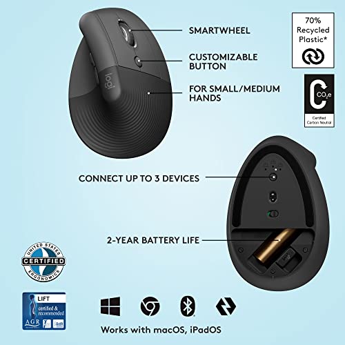 Logitech Lift Vertical Ergonomic Mouse, Wireless, Bluetooth Or Logi Bolt Usb Receiver, Quiet Clicks, 4 Buttons, Compatible With Windows/Macos/Ipados, Laptop, Pc - Graphite #TOP5