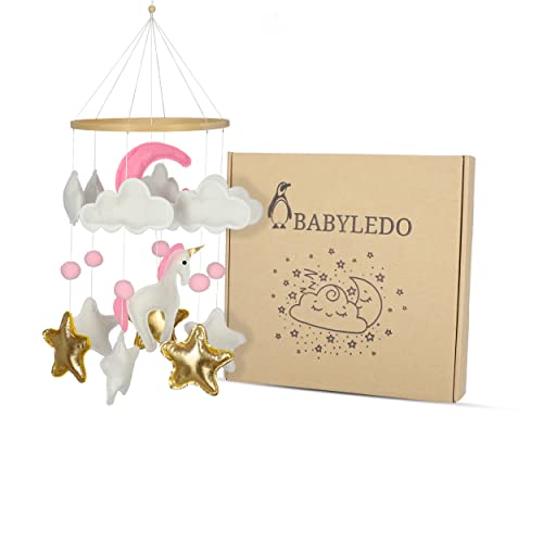 BABYLEDO Mobile für Babybett mit Geschenkbox, Traumfänger, Bettglocke, Holz, Babyzimmer Dekoration, ideal als Geschenk zur Geburt Geburtstag (Einhorn) Cover