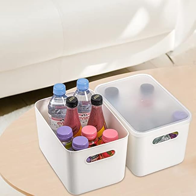 Lawei 4 Pack Plastic Storage Bins with Lid, White Stackable Storage Basket Organizer Box, Sturdy Containers Organizing Lidded Bins for Shelves, Cabinet, Desk, Pantry, Bedroom, Book, Toys