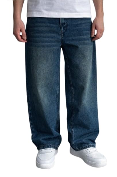 Image of Baggy Fit Denim Jeans for Men, Mid Rise Loose Fit Wide Leg Blue Washed Trousers for Casual Streetwear, Travel, College, Weekend Outings and Everyday Use