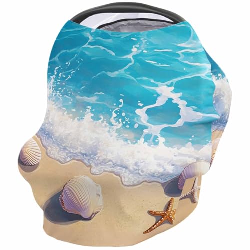 Coastal Shell Summer Ocean Nursing Cover for Breastfeeding Scarf, Blue Beige Beach Baby Car Covers Super Soft Multi Use for Canopy Shopping Cart Cover Blanket Stroller Cover