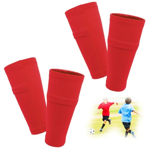 FIBOGOUP 2 paires de protège-tibias pour enfants et adultes, avec poches intégrées optimisées, chaussettes de protection pour tibias de football, respirantes, antidérapantes et stables (Rouge S)