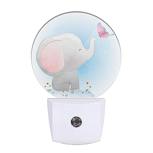 Image of EKOBLA Watercolor Elephant Night Light Cute Little Elephant Play Butterfly Night Lights Plug into Wall with Dusk to Dawn Sensor Round LED Lamp for Girls Boys Nursery