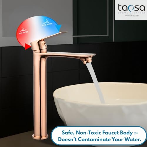 Image of Tapsa Kubix Series Brass Rose Gold Single Lever Basin Mixer Faucet | Modern Single Lever | 12 Inch Tall Body Tap | Hot & Cold Water Mixer for Bathroom, Kitchen Basin Mixer Faucet