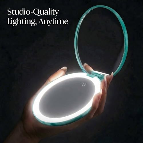 Image of Fancii Taylor LED Lighted Travel Makeup Mirror, Rechargeable, 10x /1x Magnifying, Tru-Glow Lighting System, XL Large 5 inch Wide | Compact Mirror for Purses (Sea Serenity)