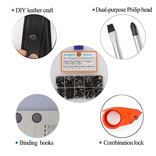 Alloypro 120Pcs Black Chicago Screws Assorted Kit 8Size Gun Metal Leather Rivets 3/16\" Screw Rivet Phillip Head Book Binding Posts Nail Rivet Chicago Bolt for DIY Leather Craft (M5x4/5/6/7/8/10/12/15)