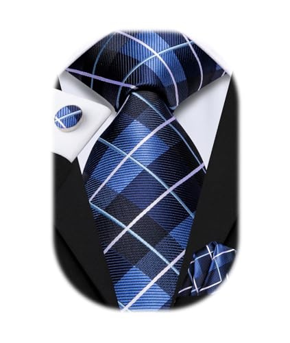 Image of Hi-Tie Mens Plaid Ties Classic Paisley Necktie with Handkerchief Cufflinks Set Business Stripe Tie
