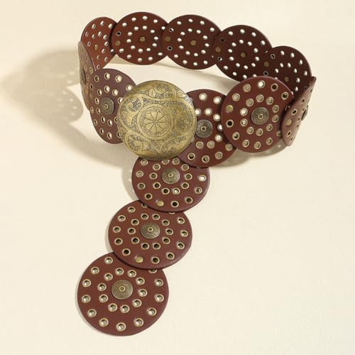 Buywis Wide Disc Belt for Women Boho Disk Concho Leather Belts Western Waist Belts for Dress