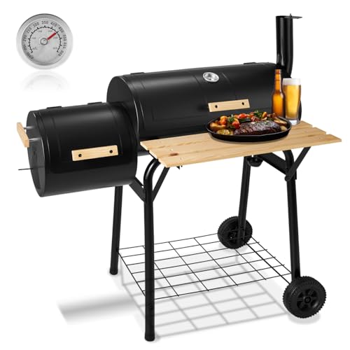 tectake® Barbecue Grill XL BBQ à Charbon Smoker Fumoir Viande et Poisson 3 en 1 avec 2 Cuves, Thermomètre intégré, Roues, Tablette, Grille de Rangement pour Cuisine à la vapeur Cuisine extérieure