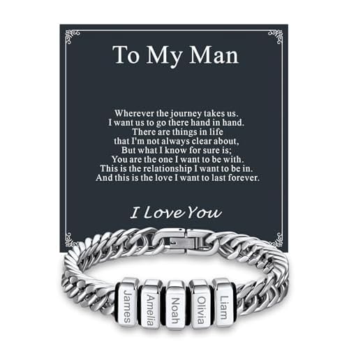 Custom4U Personalized Cuban Link Bracelet for Men, Stainless Steel/18K Gold Plated/Black 1-8 Names Engraved Customized Name Chain Bracelet for Men Jewelry Gifts for Man Dad Husband Father 01