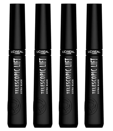 L'Oréal Paris Telescopic Lift Mascara, verlängerend und voluminös, 36 Stunden, Effekt gekräuselte Wimpern, ohne Klumpen, Formel mit Ceramiden, Farbe Extra Schwarz, 4 Kosmetika