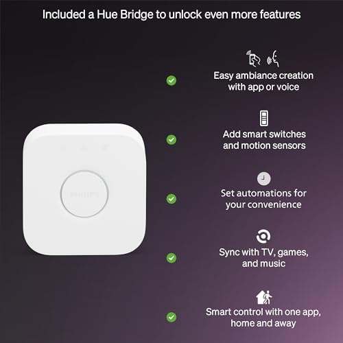 Image of Philips Hue Essential Starter Kit: Bridge + 4 Essential E26 Smart Bulbs,White & Color Ambiance,2200K-6500K,Dimmable,Compatible with Alexa,Google,Samsung SmartThings,Apple Home