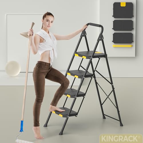 Image of KINGRACK 4 Step Ladder, Sturdy Steel Step Stool with Safe-Lock Design, Handrail, Anti-Slip Wide Pedals, Pass 800lbs Load Testing, Folding Portable Ladder for Multi-Purpose, Home, Kitchen, Black