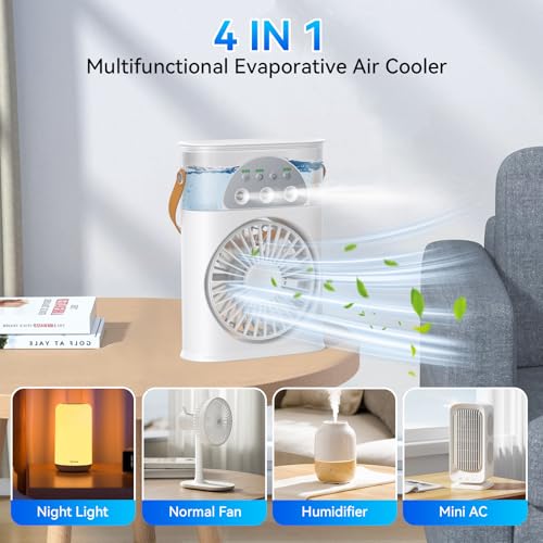 Portable Air Conditioner Cooling Fan, Rechargeable Mini Evaporative Personal Air Cooler Fan with 3 Speeds and 2 Spray, 1/2/3H Timer, 7 Night Light, for Room Bedroom, Office, Desk image 1