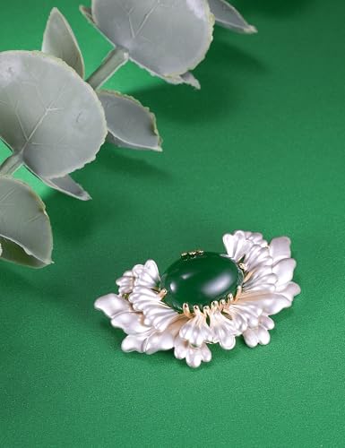 Image of Floral Brooch Pin Green Agate Gold Plated Elegant Vintage Statement Jewelry for Women