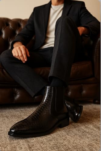Image of Men's Leather Chelsea Boots | Ankle Boots with Textured Finish Formal & Smart Casual Boots | Comfortable Fit, Trendy, Stylish Boots | Leather Boots for Office /Fashionable