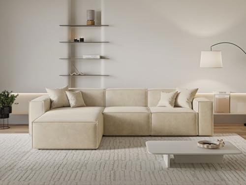 GRAINGOLD Arizona Ecksofa 265x180 cm, L-Form Sofa, Ecksofa für Wohnzimmer, Velour, 3-Sitzer Eckcouch, Modernes Design (Beige, Links)
