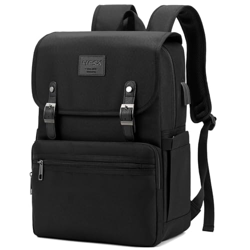 HFSX Vintage College Laptop Backpack for Women & Men - with USB Charging Port (Black, Fits 15.6 inch Notebook)