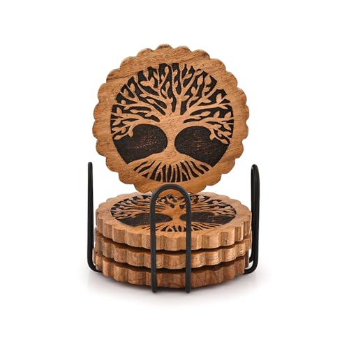 Indus Lifespace Juego de 4 posavasos de hierro y madera de acacia, diseño de árbol de la vida con soporte de hierro, decoración del hogar y la oficina, regalo de inauguración de la casa (4 x 4 x 0.5