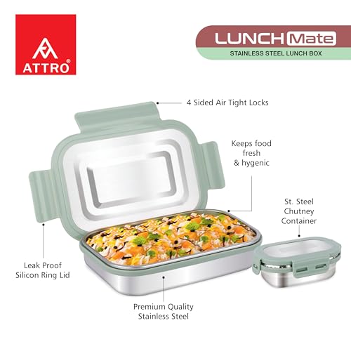 Image of ATTRO Lunchmate Stainless Steel Airtight Leak-Proof Lunch Box for Office, School, Picnic, 800 Ml - Green