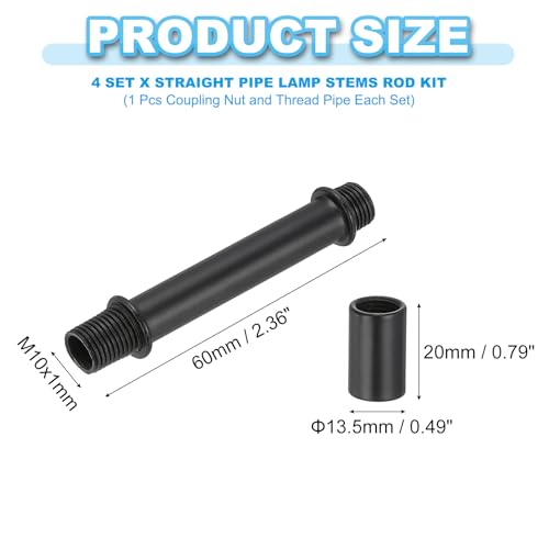 Image of PATIKIL Straight Pipe Lamp Stems Rod Kit, 4Set M10 Carbon Steel 60mm(2.36 inch) Long Double End Thread Rod with Coupling Nuts Sleeve Connector for Table Lamps Chandeliers, Black
