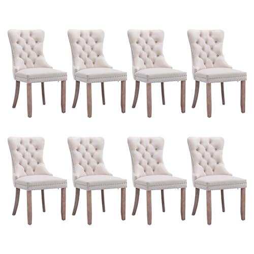 SoarFlash Juego de 8 Sillas de Comedor en Terciopelo, con Espaldar ala Acolchado, Remaches de Clavos, Forro Remachado, Aro Decorativo Trasero y Patas de Madera, Beige