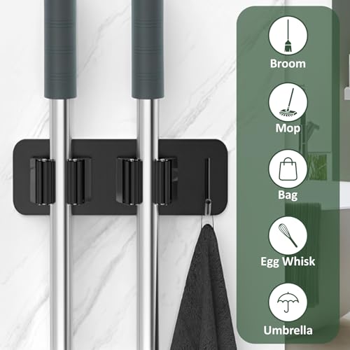 Image of JD FRESH 1 Pcs Stainless Steel Mop and Broom Holder Wall Mount 2 Slot & 1 Hook, No Drill Anti Slip Waterproof Adhesive Broom Hanger Stand Organizer for Kitchen Home Garden Office Garage (Black)