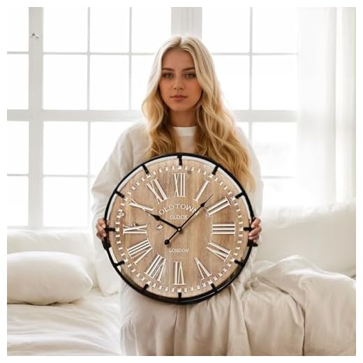 20 Inch Grand Farmhouse Wall Clock, Vintage-Inspired Wood & Metal Design with Large Etched Numbers, Silent Battery-Powered Timepiece for Offices, Kitchens, Bedrooms, and Living Rooms