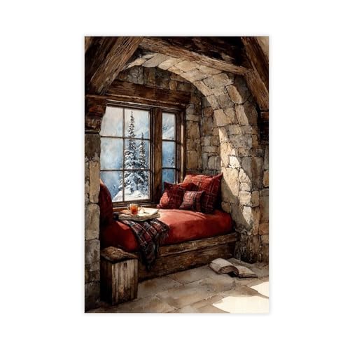 Winter Mountain Watercolor Alpine Chalet Framed Canvas