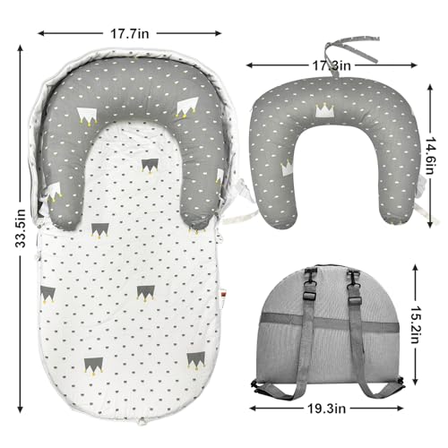 Image of Baby Lounger, Foldable Portable Waterproof Baby Nest Cover, 0-24 Months Newborn Tummy Time Training & Seating Support Pillow, Dual-Use Breathable Infant Lounger Backpack for Home & Travel (Gray)