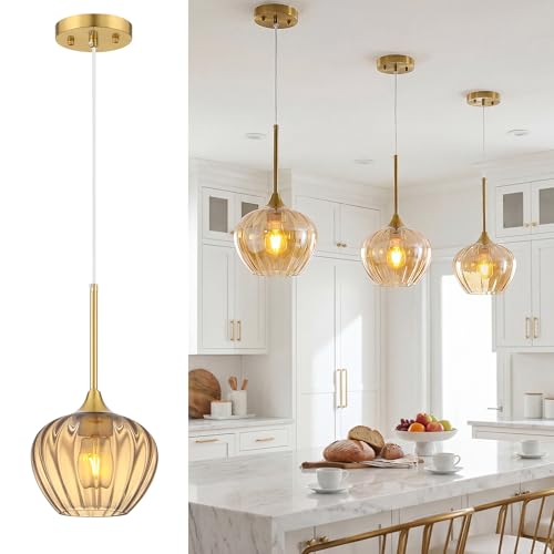 Mgcanyu Amber Glass Pendant Lights Kitchen Island 7.7 Vintage Adjustable Pendant Lighting Gold Hanging Light Fixtures for Kitchen Dining Room Sink Bathroom