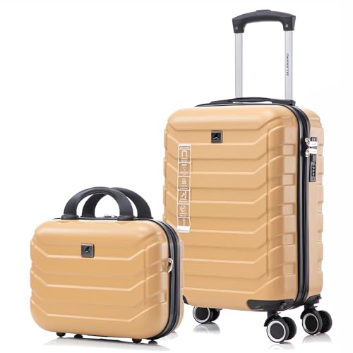 ALLABARD Kit Mala de Bordo Mão 8KG e Frasqueira ABS para Viagem com Rodinha Removível 360° e Ziper Duplo Antifurto Cadeado com Senha P015 (Dourado)