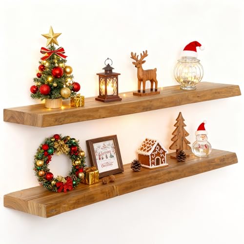 Fun Memories Solid Elm Wood Floating Shelves, 36 Inch Wood Floating Shelves for Wall, Live Edge Wooden Shelves Wall Mounted for Books, Bathroom, Kitchen, Natural Color, Set of 2