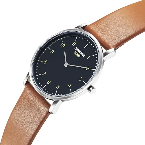 Image of Sonata Sleek Quartz Analog Grey Dial Tan Leather Strap Watch for Men
