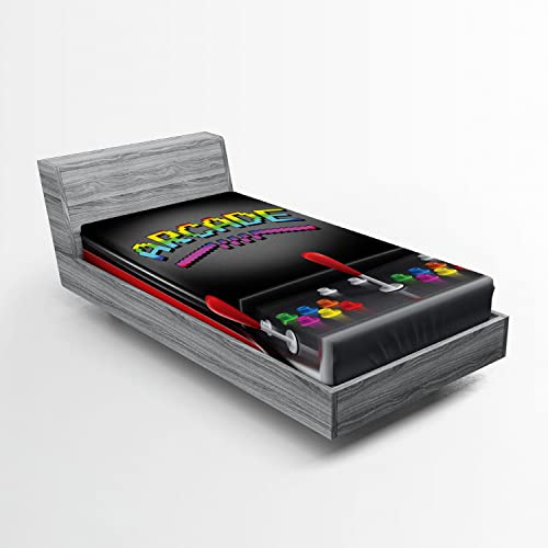 Ambesonne Video Games 2 Pack Fitted Sheet, Arcade Retro Fun, Bed Cover All-Round Elastic Deep Pockets 2 Pieces, Package Contains 2 Twin Size Fitted Sheets, Charcoal Red