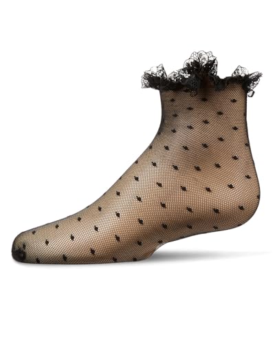 MeMoi Girls Mesh Dot Pattern Lace Trim Ankle Sock