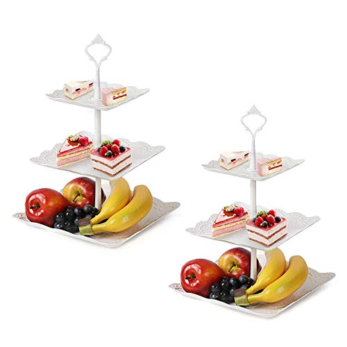 3-Tier Cake Stand, 2 Set of Square Platter for Fruits, Cakes, Desserts, Snack