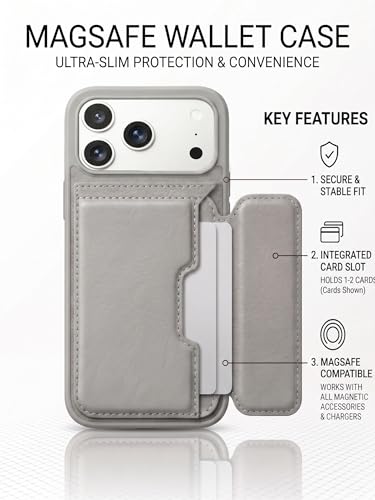 Image of amazon basics Luxury Vegan Leather Back Cover for iPhone 17 Pro Max | Built-in Card Holder Slot | Integrated Mobile Stand | Slim Shockproof Protective Case with Stitched Finish - Gray