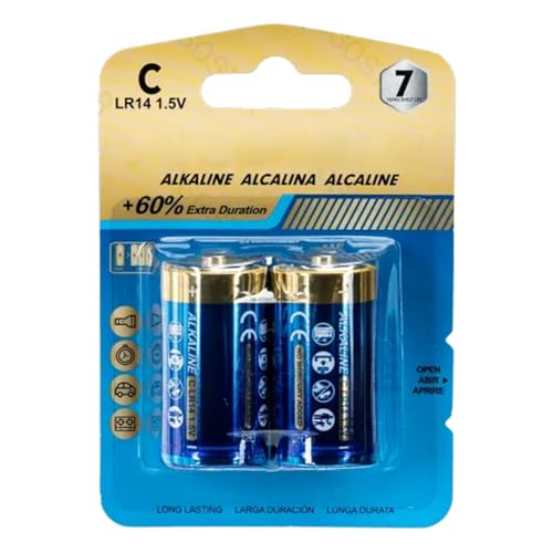 Pila alcalina LR14 (C) 1,5 V, se Presenta en Pack de 2, Ideal para Dispositivos electrónicos y Juguetes Que requieren energía confiable.