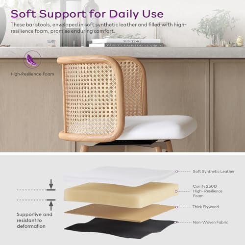 Image of 26 inch Swivel Rattan Bar Stools Set of 4, Counter Height Barstools, White | TYBOATLE, Farmhouse, Mid-Century Modern, Natural, Rattan Woven Back, Faux Leather Seat, Island, Kitchen