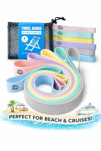 Image of Towel Bands (6-Pack) for Beach & Pool Chairs - Extra Durable, No Snapping, Soft Pastel Colors, Holds Towels Secure on Outdoor & Cruise Lounge Chairs. Includes Storage Bag
