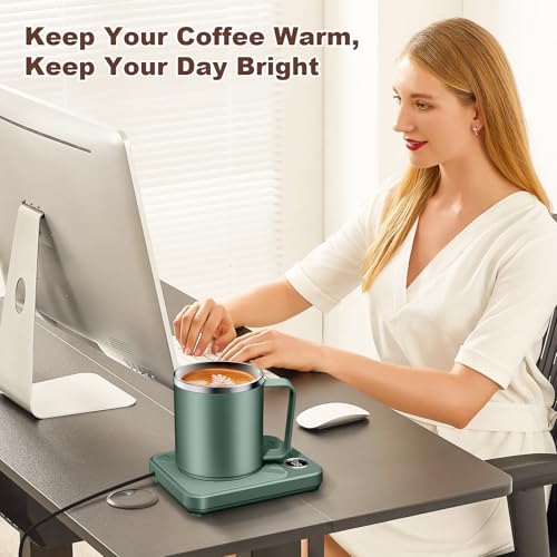 Image of Felibeaco 16oz Heated Coffee Mug with Flat Bottom for Rapid Heating, Stainless Steel Heated Coffee Cup Suitable for Different Coffee Mug Warmer /Heaters, Heated Mug /Cup for Home and Office Desk,Green