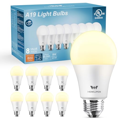 WOWLUMEN A19 LED Light Bulb,9W E26 Light Bulbs(60 Watt/80 Watt Equivalent),3500K Soft White,Non-Dimmable,800LM Standard Base for Bedroom, Kitchen, Living Room, Office,UL Listed,8 Packs