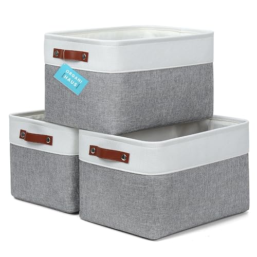 OrganiHaus Large Fabric Storage Baskets for Shelves 3 Pack, 15x11in Closet Storage Bins for Shelves, Cloth Baskets for Organizing, Linen Closet Organizers, Fabric Basket, Gray/White
