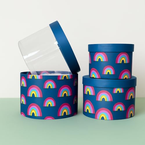 Image of Oasis Pack of 3 Premium Gift & Flower Hamper Boxes With Lid | Classic Bouquet Box for Flower Arrangements & Gift Hampers | Decorative Gift Packaging Box With Waterproof Liner - Rainbow Blue