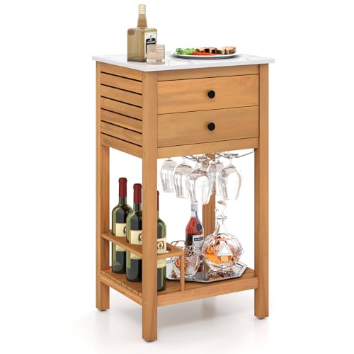 Goplus Outdoor Side Table, Acacia Wood Bar Table w/Marble-Like Countertop, 2 Storage Drawers, Bottom Shelf, Glass & Wine Holders, Small Buffet Sideboard for Patio, Backyard, Garden, Deck Corner
