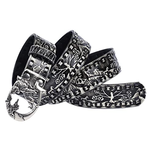 Embossed Western Belt - Engraved Hollow Tiger Silver Buckle, Floral Handmade Leather For Jeans3
