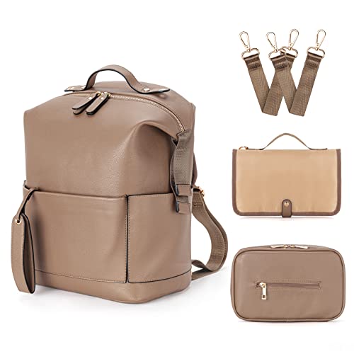 Image of Minsong Diaper Bag Backpack, Waterproof Leather Diaper Bags With Changing Station for Baby, Fashion Nappy Travel Backpack for Mom Dad (Khaki)