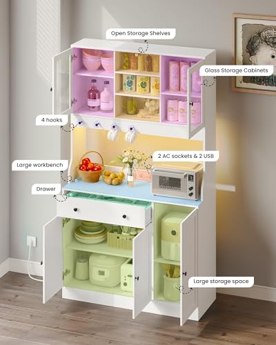 Credenza, Credenza Cucina con LED, Presa Elettrica, Ripiani Regolabili, Mobile Buffet con Cassetti, Armadio da cucina, Piano di Lavoro, Grande Spazio, Cucina, Sala da Pranzo, 103.5*40*180 cm, Bianca - immagine 5